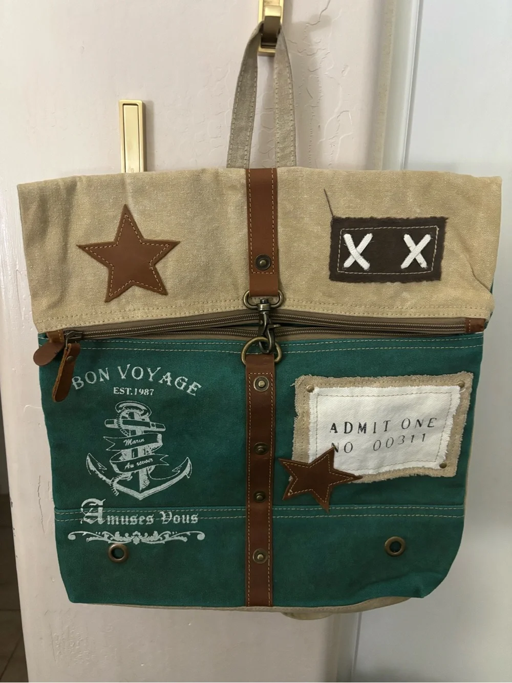 NWT Mayra Canvas Green & Beige Star Pacer Travel Tote Bag -